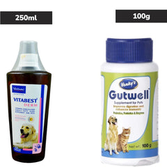 Virbac Vitabest Derm Omega 3+6 Syrup 250ml and Venkys Gutwell Pre & Probiotic Powder 100g for Dogs & Cats Combo