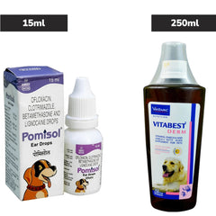 Virbac Vitabest Derm Omega 3+6 Syrup (250ml) and Intas Pomisol Ear Drops (15ml) for Dogs & Cats Combo