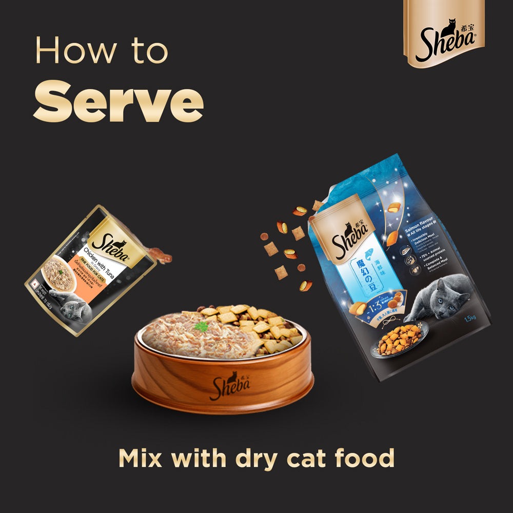 Sheba Chicken With Tuna In Gravy Premium Adult Cat Wet Food and Chicken All Life Stage Cat Dry Food Combo