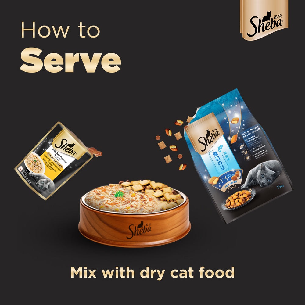 Carniwel Ocean Fish and Krill Dry Food and Sheba Tuna Pumpkin & Carrot In Gravy Rich Premium Adult Cat Wet Food Combo