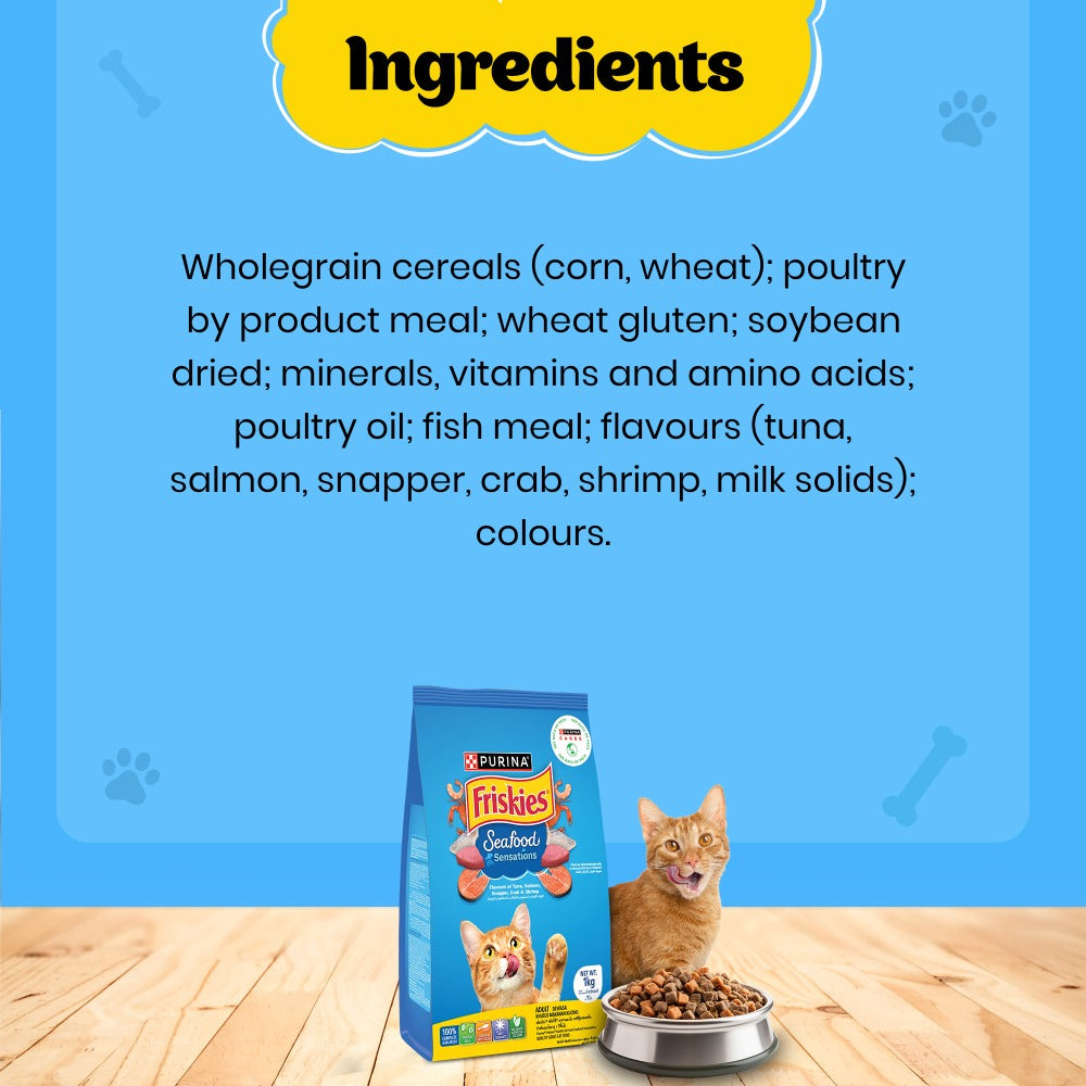 Friskies Seafood Cat Dry Food and Purina Felix Salmon with Jelly Adult Cat Wet Food Combo
