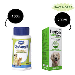 Gutwell Probiotic Powder (100g) & Herbatake Pet Liver Tonic (200ml) Combo for Dogs & Cats