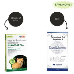 Savavet Fiprofort Plus (Fipronil) Tick & Flea Control Spot On and Vetina Canworm (Fenbendazole) Pet Deworming Suspension 30ml Combo