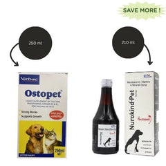 Virbac Ostopet Calcium Supplement Syrup (250ml) and Mankind Nurokind Pet Syrup Multi Vitamin Supplement for Dogs and Cats (210ml) Combo