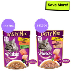 Whiskas Chicken With Tuna & Carrot and Salmon Wakame Seaweed in Gravy Tasty Mix Adult Cat Wet Food Combo