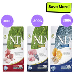 Farmina N&D Prime Chicken & Pomegranate, Lamb & Blueberry and Ocean Herring & Orange Grain Free Adult Cat Dry Food Combo