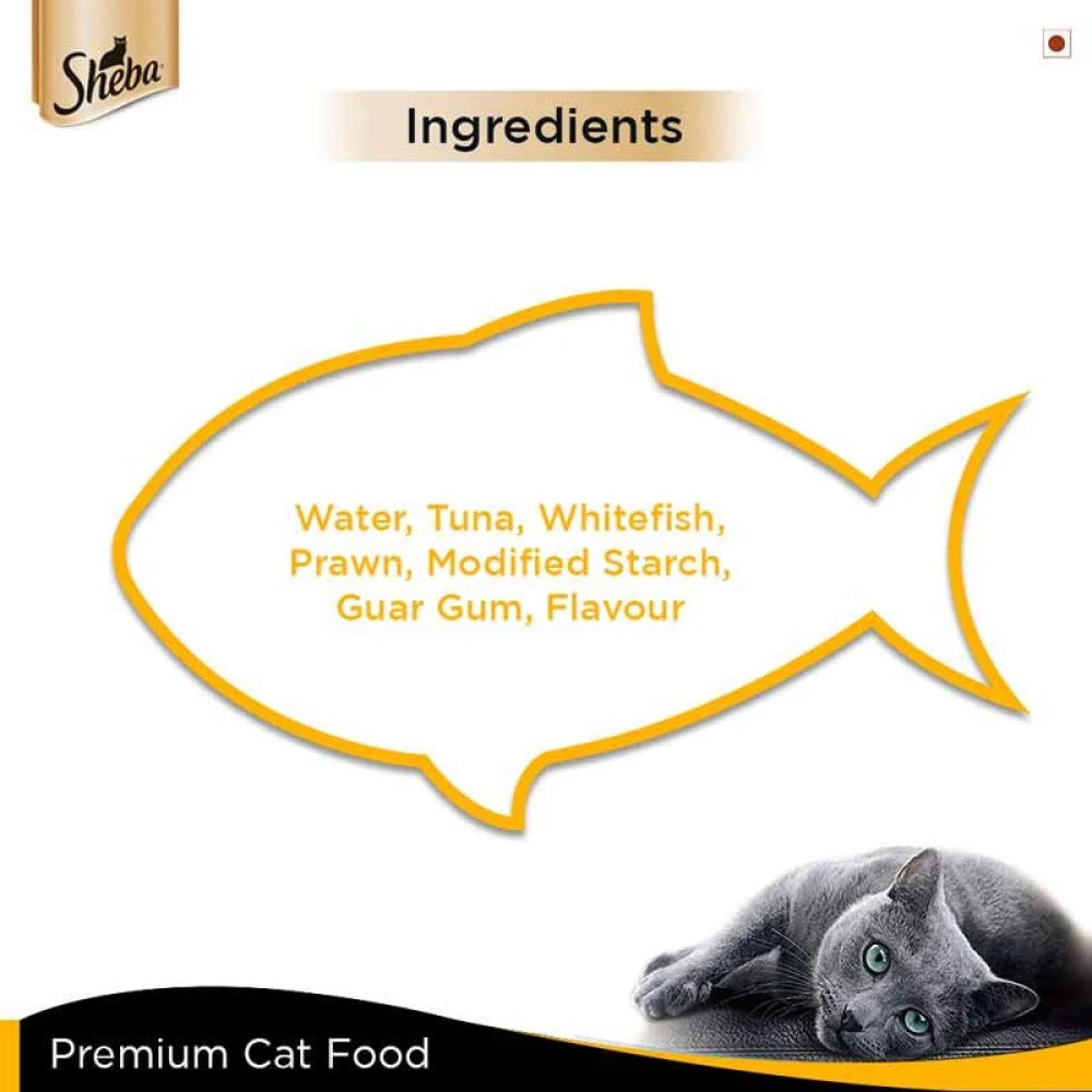 Sheba Tuna Fillet & Whole Prawns in Gravy Premium Cat Wet Food and Chicken Flavour Irresistible All Life Stage Cat Dry Food Combo
