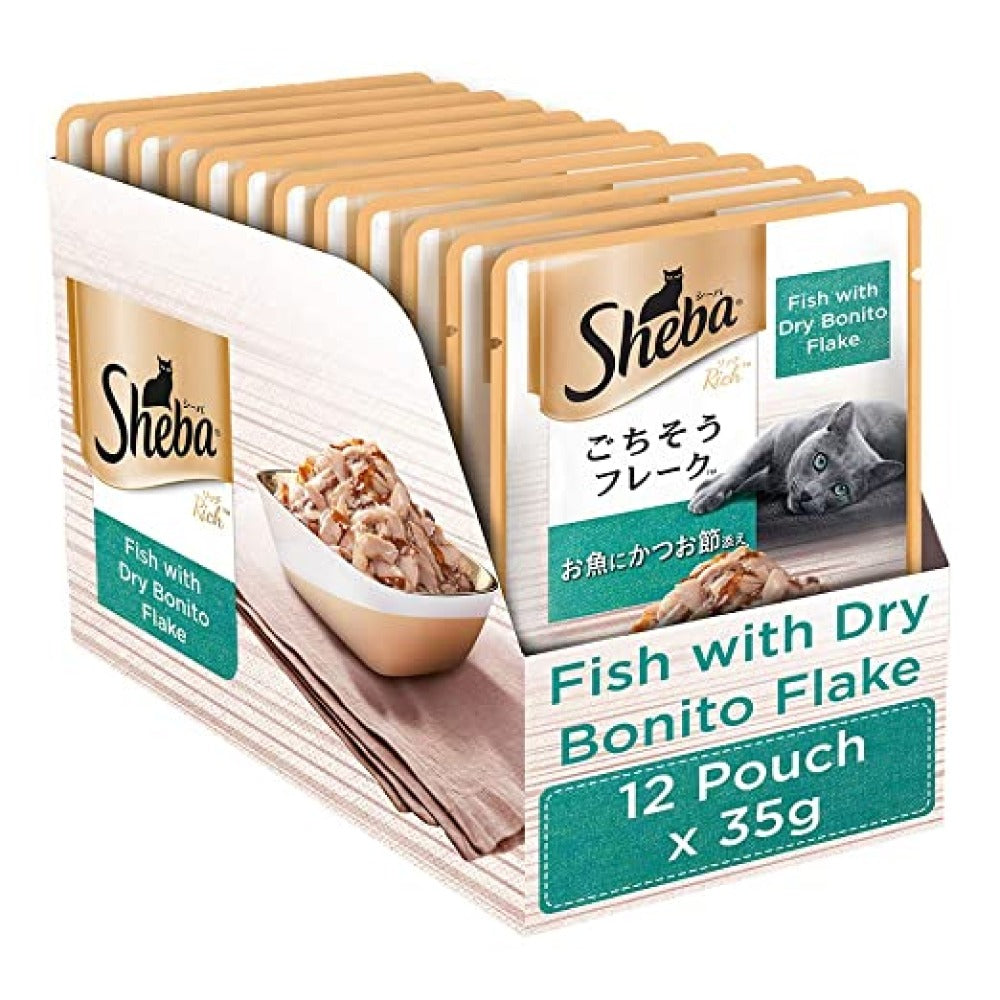 Sheba Fish with Dry Bonito Flake, Skipjack & Salmon Fish, Maguro & Bream Fish Mix and Fish with Sasami Cat Wet Food Combo