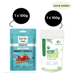 Healing Leaf Hemp Protein Powder and Bark Out Loud Immunity Multi Vitamin Chew Stix for Dogs and Cats Combo