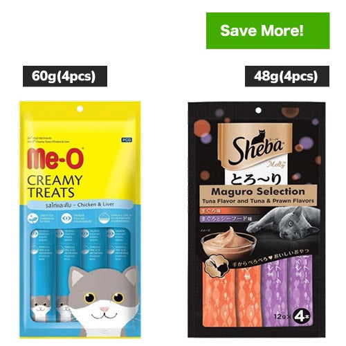 Me O Creamy Chicken & Liver and Sheba Tuna Flavor and Tuna & Prawn Maguro Selection Melty Premium Cat Treats Combo