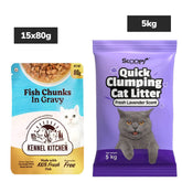 Kennel Kitchen Fish Gravy All Life Stage Wet Food, Scoopy Lavender Natural Brown Sand Cat Litter Combo