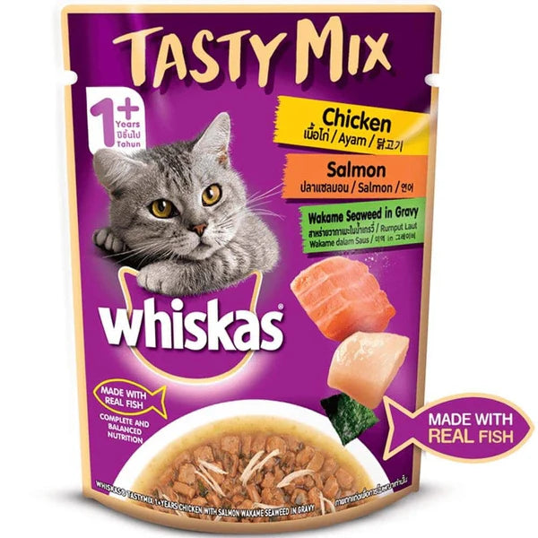 Whiskas Salmon in Gravy Meal and Chicken With Salmon Wakame Seaweed in Gravy Tasty Mix Adult Cat Wet Food Combo