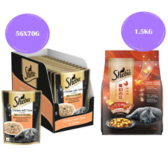 Sheba Chicken With Tuna In Gravy Premium Adult Cat Wet Food and Chicken All Life Stage Cat Dry Food Combo