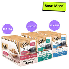 Sheba Skipjack & Salmon, Dry Bonito Flake and Maguro & Bream Fish Mix Premium Cat Wet Food Combo