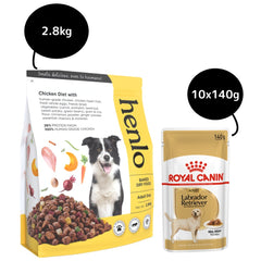 Henlo Baked Adult Dry Food and Royal Canin Chunks In Gravy Labrador Retriever Adult Wet Dog Food Combo
