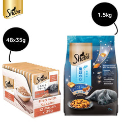 Sheba Fish with Sasami Premium Cat Wet Food and Salmon Flavour Irresistible All Life Stages Cat Dry Food Combo