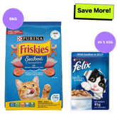 Friskies Seafood Cat Dry Food and Purina Felix Sardine with Jelly Adult Cat Wet Food Combo