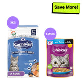 Carniwel Ocean Fish and Krill Dry Food and Whiskas Tuna in Jelly Meal Adult Cat Wet Food Combo