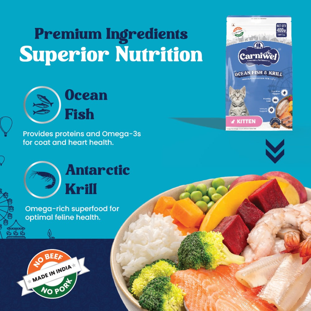 Carniwel Ocean Fish and Krill Dry Food and Sheba Chicken Loaf Rich Premium Kitten (2 to 12 Months) Fine Cat Wet Food Combo