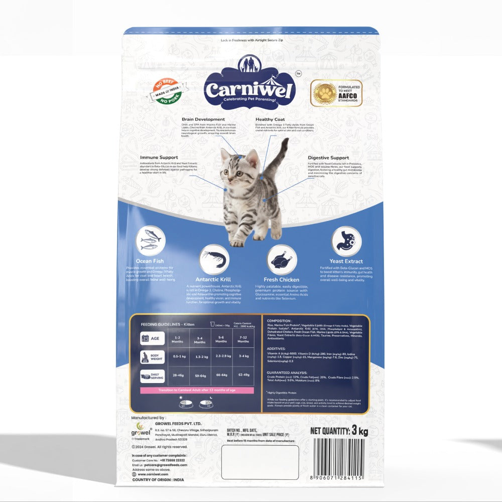 Carniwel Ocean Fish and Krill Dry Food and Sheba Chicken Loaf Rich Premium Kitten (2 to 12 Months) Fine Cat Wet Food Combo