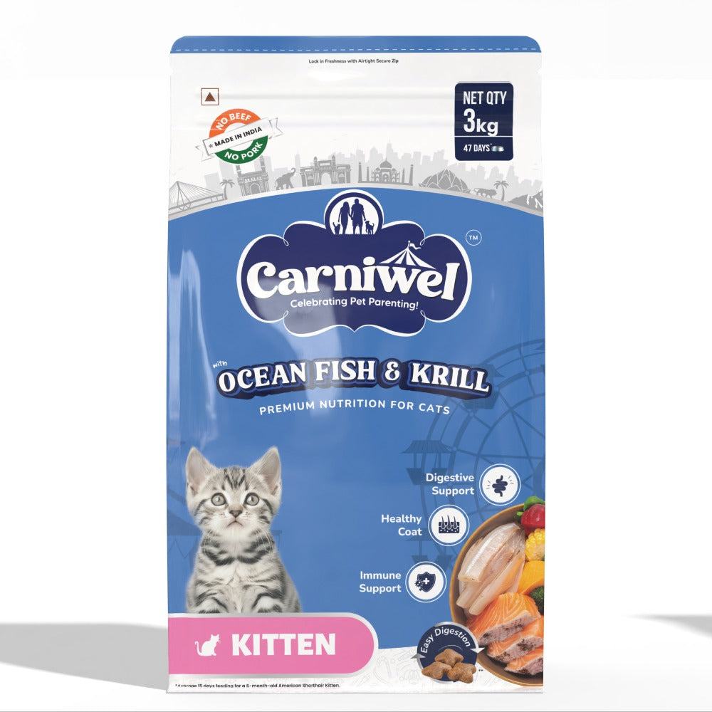 Carniwel Ocean Fish and Krill Dry Food and Whiskas Tuna in Jelly Kitten Cat Wet Food Combo