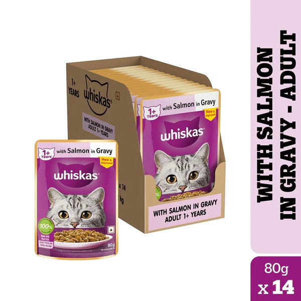 Whiskas Salmon in Gravy Meal and Chicken With Salmon Wakame Seaweed in Gravy Tasty Mix Adult Cat Wet Food Combo