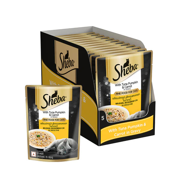 Sheba Tuna Pumpkin & Carrot In Gravy Rich Premium Adult Fine Cat Wet Food and Salmon Flavour Irresistible All Life Stages Cat Dry Food Combo