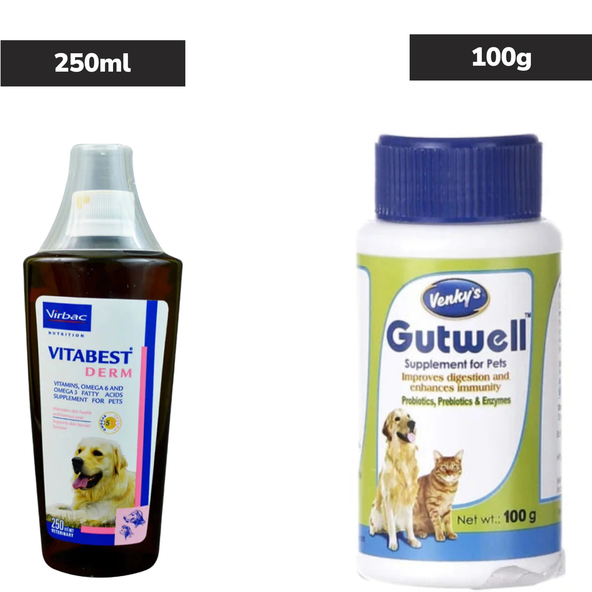Virbac Vitabest Derm Omega 3+6 Syrup 250ml and Venkys Gutwell Pre & Probiotic Powder 100g for Dogs & Cats Combo