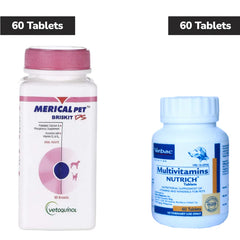 Vetoquinol Merical Pet Briskit DS Calcium Tablets (60) and Virbac Nutrich Multivitamin Tablets (60) for Dogs & Cats Combo