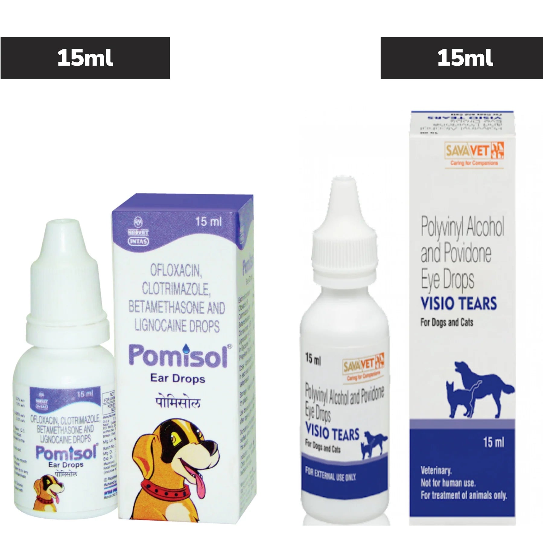 Intas Pomisol Ear Drops 15ml and Savavet Visiotears Eye Drops 15ml for Dogs & Cats Combo