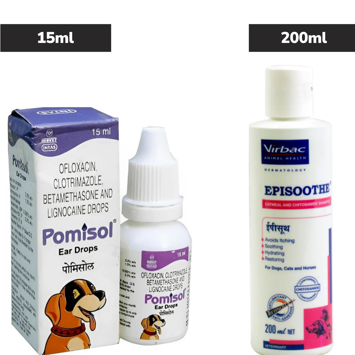 Intas Pomisol Ear Drops 15ml and Virbac Episoothe Oatmeal Shampoo 200ml for Dogs & Cats Combo