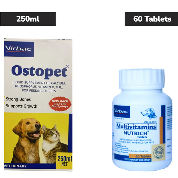 Virbac Ostopet Calcium Syrup 250ml and Nutrich Multivitamin Tabs (60) for Dogs & Cats Combo