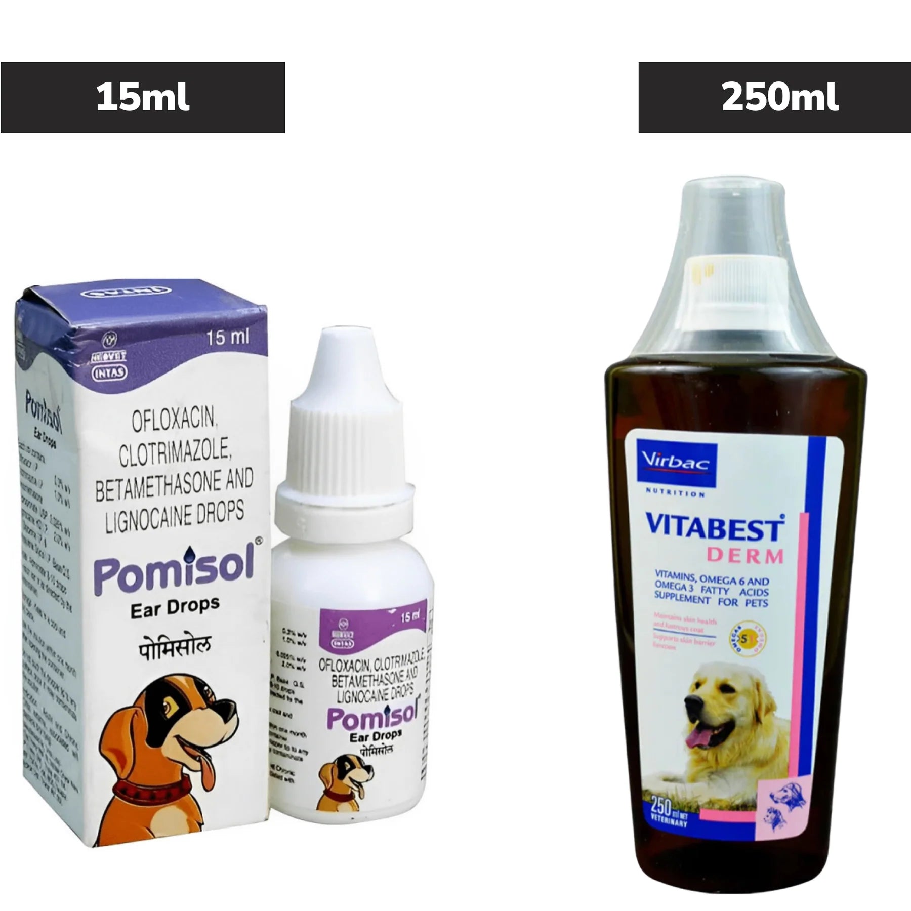Virbac Vitabest Derm Omega 3+6 Syrup (250ml) and Intas Pomisol Ear Drops (15ml) for Dogs & Cats Combo