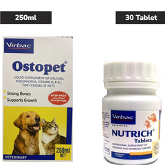Virbac Ostopet Calcium Supplement Syrup 250ml and Nutrich Multi Vitamin Tablets (30 Tablets) for Dogs & Cats Combo
