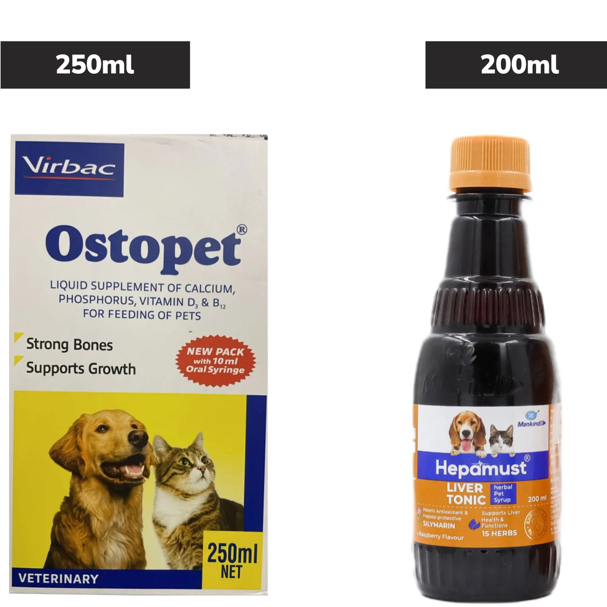 Virbac Ostopet Calcium Supplement Syrup (250ml) and Mankind Hepamust Liver Tonic Appetite Booster (200ml) for Dogs & Cats Combo