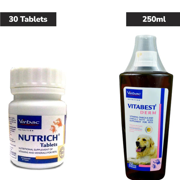 Virbac Nutrich Multi Vitamin Tablets (30 Tablets) and Vitabest Derm Omega 3+6 Syrup (250ml) for Dogs and Cats Combo