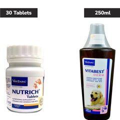 Virbac Nutrich Multi Vitamin Tablets (30 Tablets) and Vitabest Derm Omega 3+6 Syrup (250ml) for Dogs and Cats Combo