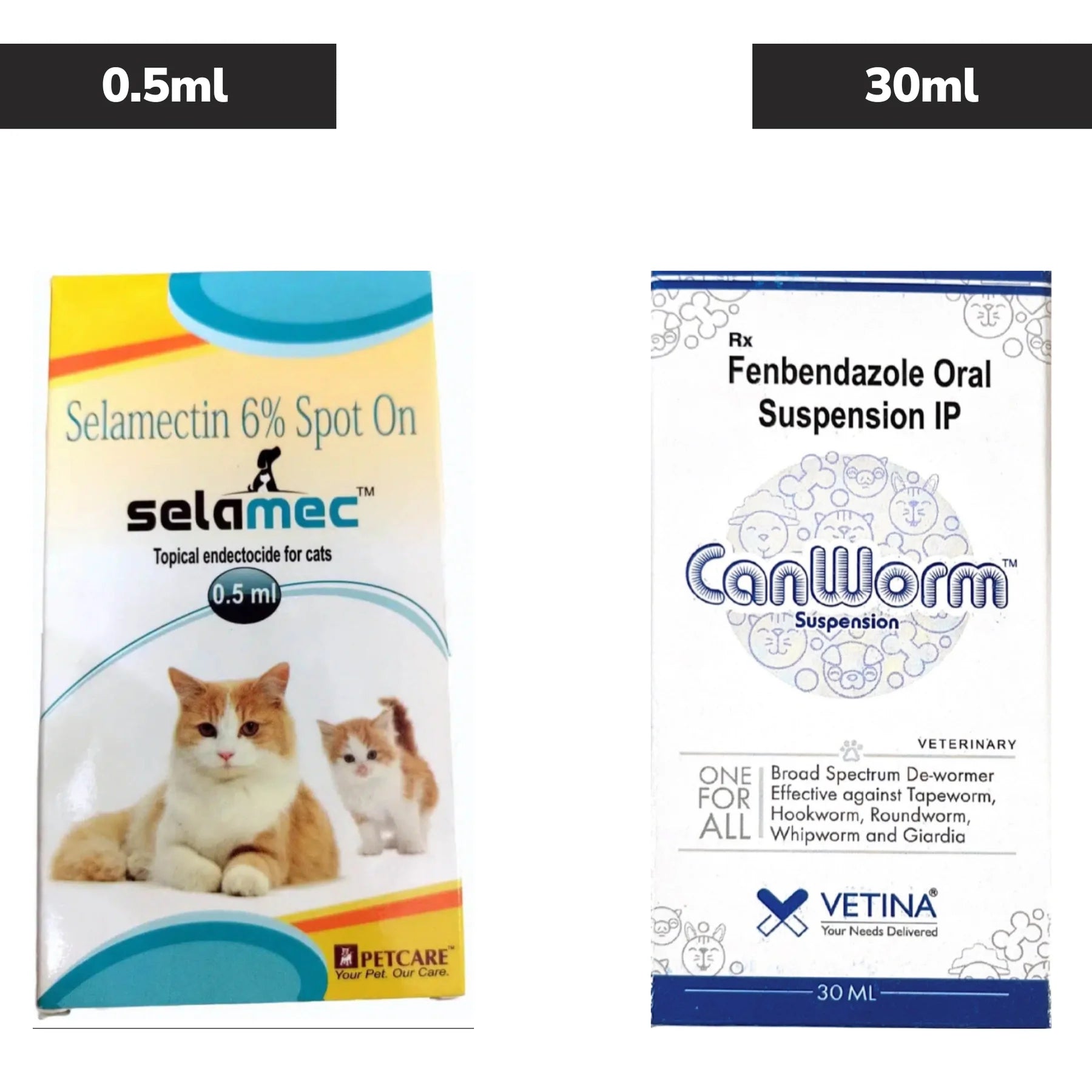 Petcare Selamec (Selamectin) Spot On for Cats 0.5ml and Vetina Canworm (Fenbendazole) Pet Deworming Suspension 30ml Combo