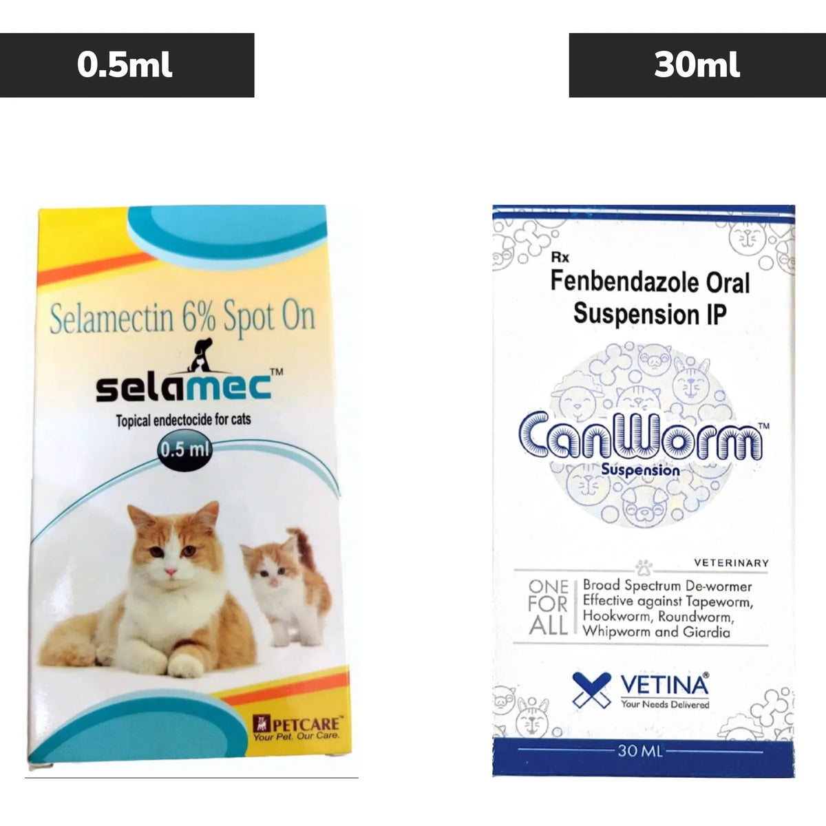 Petcare Selamec (Selamectin) Spot On for Cats 0.5ml and Vetina Canworm (Fenbendazole) Pet Deworming Suspension 30ml Combo