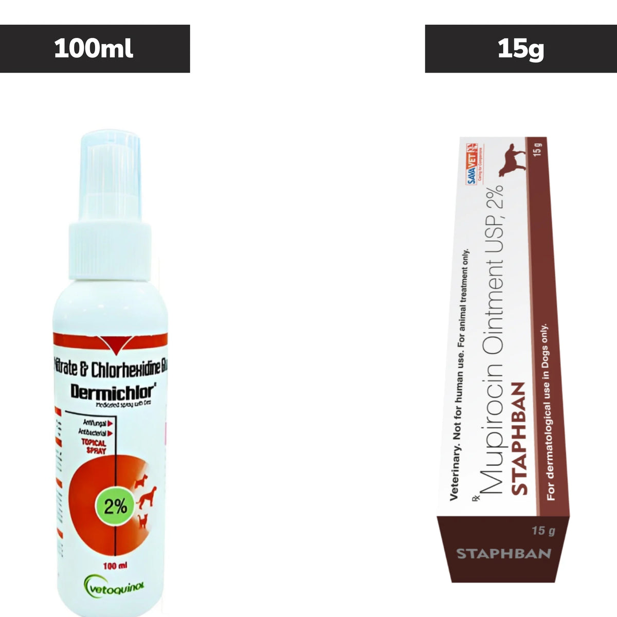 Savavet Staphban (Mupirocin) Ointment for Dogs 15g and Vetoquinol Dermichlor Antibacterial Antifungal Spray (100ml) for Dogs & Cats Combo
