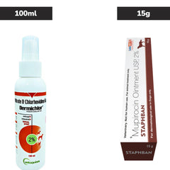 Savavet Staphban (Mupirocin) Ointment for Dogs 15g and Vetoquinol Dermichlor Antibacterial Antifungal Spray (100ml) for Dogs & Cats Combo