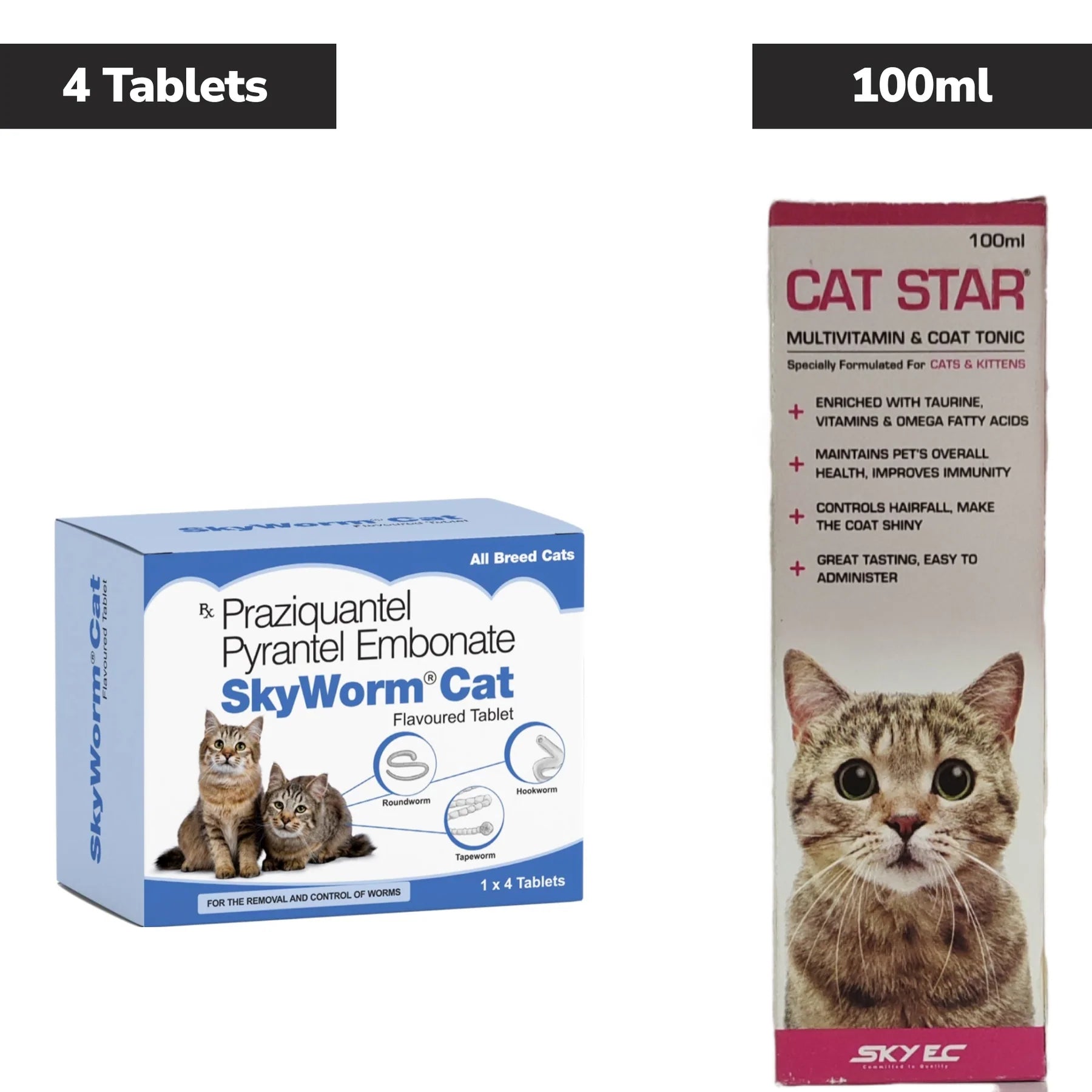 Skyec Skyworm Cat Deworming Tablet (pack of 4 tablets) and Cat Star Syrup Multivitamin 100ml Combo