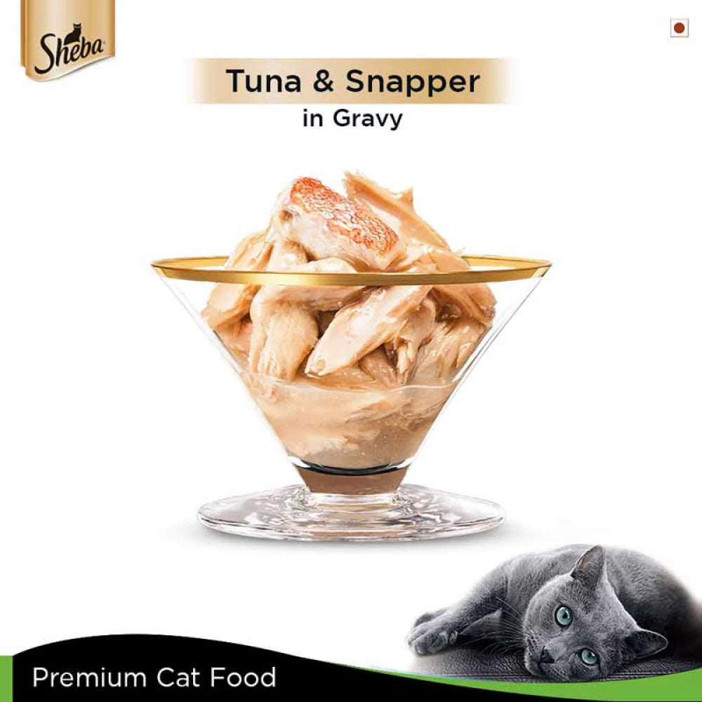 Sheba Complete Nutrition Tuna White Meat & Snapper In Gravy Cat Wet Food and Salmon Flavour Irresistible Cat Dry Food Combo
