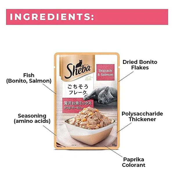 Sheba Skipjack & Salmon Fish Mix Cat Wet Food and Salmon Flavour Irresistible All Life Stages Cat Dry Food Combo