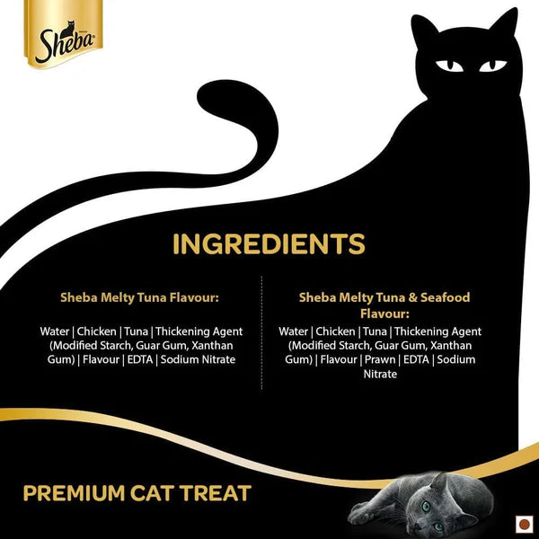Sheba Tuna Flavor and Tuna & Prawn Maguro Selection Melty Premium Treat and Skipjack & Salmon Fish Mix Cat Wet Food Combo