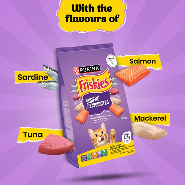 Friskies Surfin Cat Dry Food and Purina Felix Chicken with Jelly Adult Cat Wet Food Combo