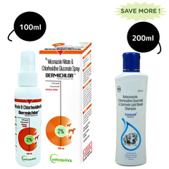 Vetoquinol Dermichlor Spray (100ml) and Intas Conaseb Shampoo (200ml) for Dogs & Cats Combo