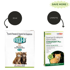 Areion Vet Feli D Kitten Deworming Suspension 15ml and Savavet Fiprofort Plus (Fipronil) Tick and Flea Control Spot On for Cats Combo