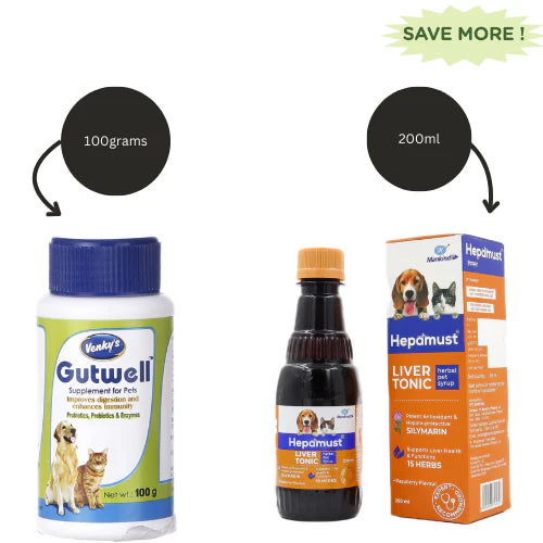 Venkys Gutwell Pre & Probiotics Gut Health Powder (100ml) and Mankind Hepamust Liver Tonic Appetite Booster for Dogs & Cats (200ml) Combo