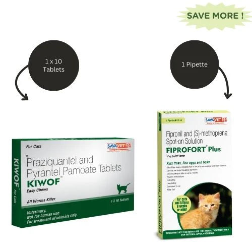 Savavet Kiwof Cat Deworming Tablet (10 tablets) and Savavet Fiprofort Plus (Fipronil) Tick & Flea Control Spot On for Cats Combo